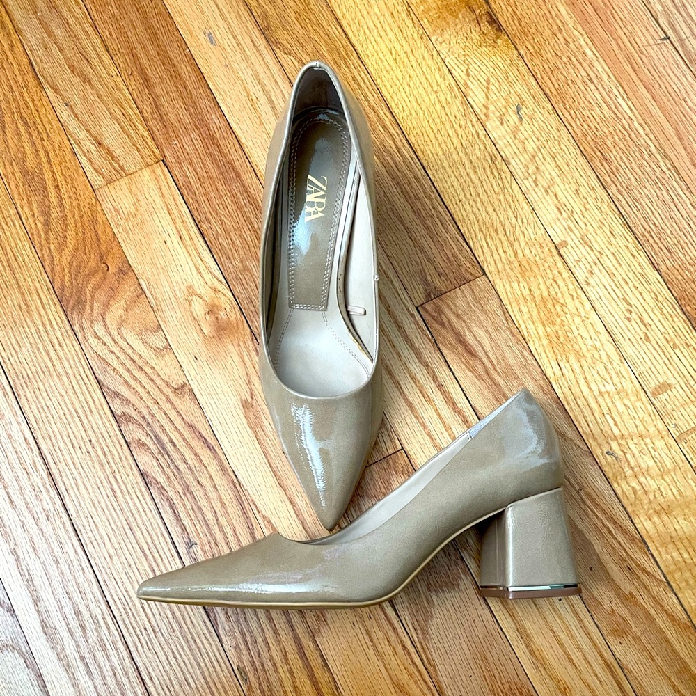 Zara Glossy Leather Chunky Block high heels Pumps Stilettos Pointed Office